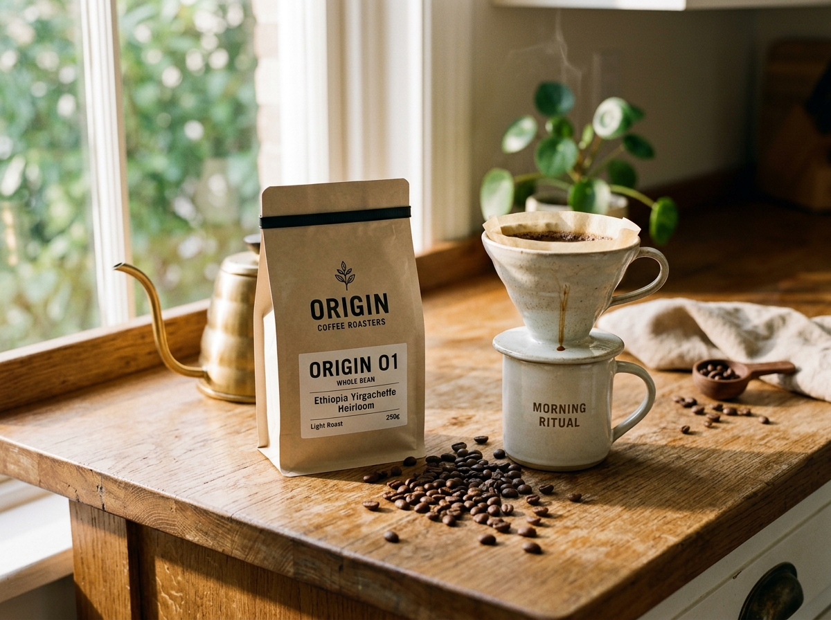 Artisanal craft coffee bag with whole roasted beans and pour over